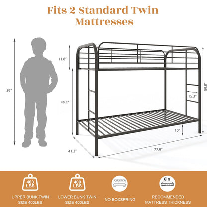 YIORTWO Metal Bunk Bed Twin Over Twin, Modern Style Bunk Bed with Curved Edges Safe Guardrail for Small Space, Loft Bed for Adults Kids Teens, Noise Free, No Box Spring Needed, Black