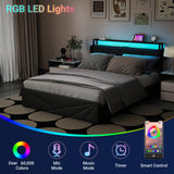 Kiivakii Full Size Bed Frame with 4 Drawers, LED Metal Platform Bed with Upholstered Storage Headboard, Built in Charging Station, No Box Spring Needed, Dark Gray Kiivakii