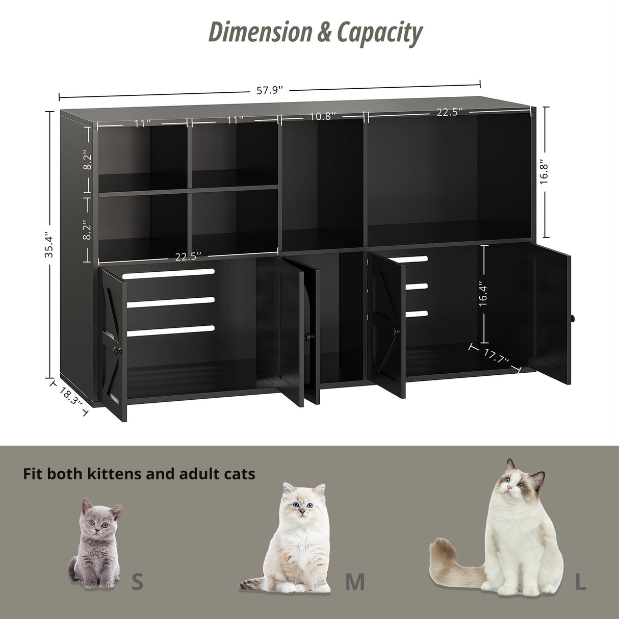 IRONCK Cat Litter Box Enclosure for 2 Cats, Litter Box Furniture Hidden with Double Room and Large Storage Space, Wooden Washroom Furniture, Cat House, Black IRONCK
