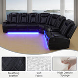 JBXBER Power Recliner Sectional Sofa Set with LED Lights, Leather Reclining Sectional Couch Sets with USB Ports, Cup Holders, Storage Console, L-Shaped Home Theater Seating for Living Room(Black) JBXBER