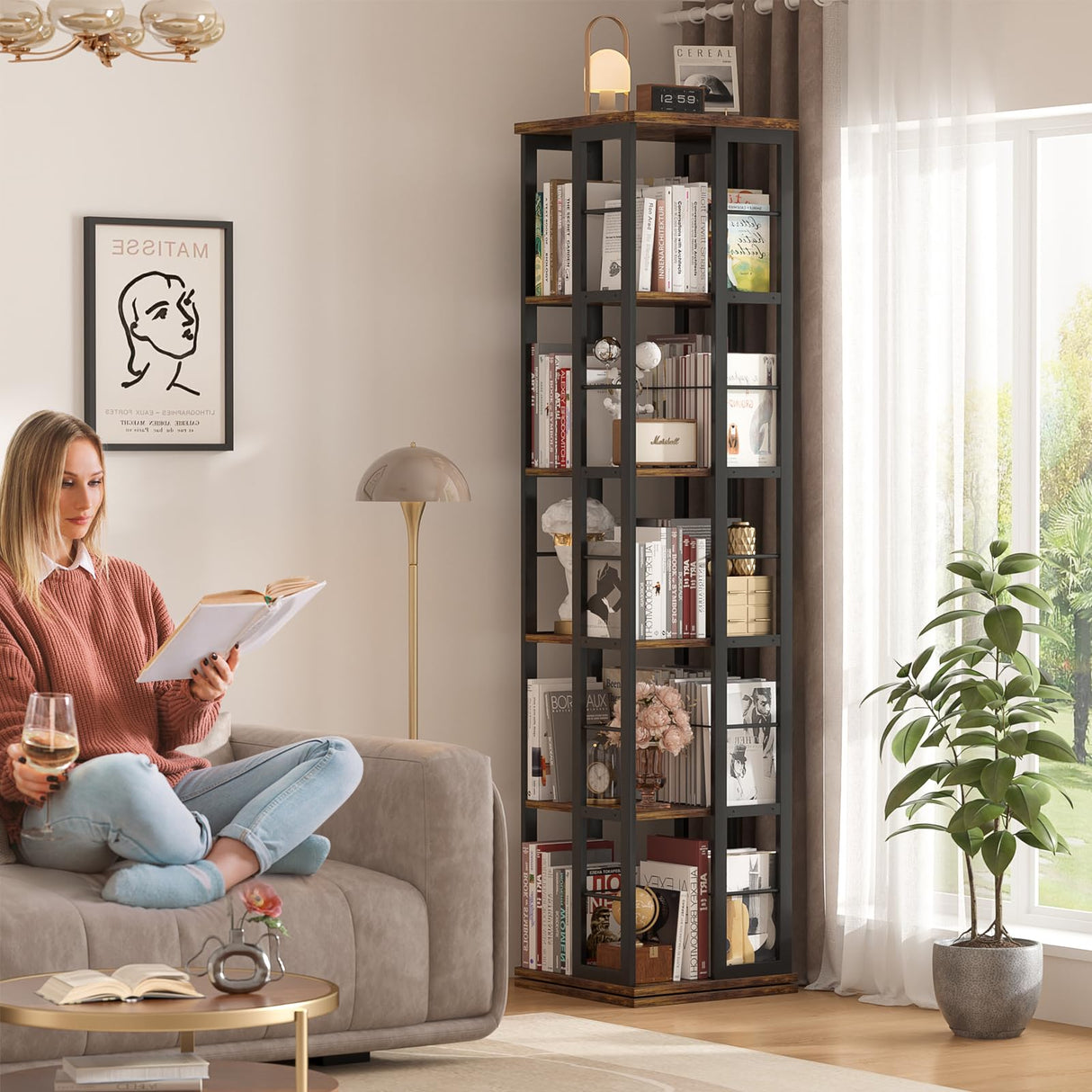 Aheaplus Rotating Bookshelf, Corner Bookcase, 360 Display Wood Spinning Bookshelves, Floor Standing Bookcase Narrow Shelf,5 Tiers, Rustic Brown Aheaplus