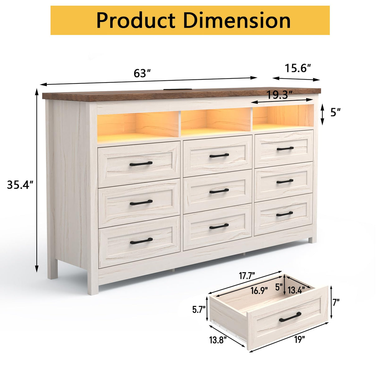 Hlivelood Farmhouse 9 Drawer Dresser with LED Lights, 63" Wide Large Chest of Drawers for Bedroom, Modern Wood Dresser Storage Organizer with Charging Station for Living Room, Bedroom, Hallway, Beige Hlivelood