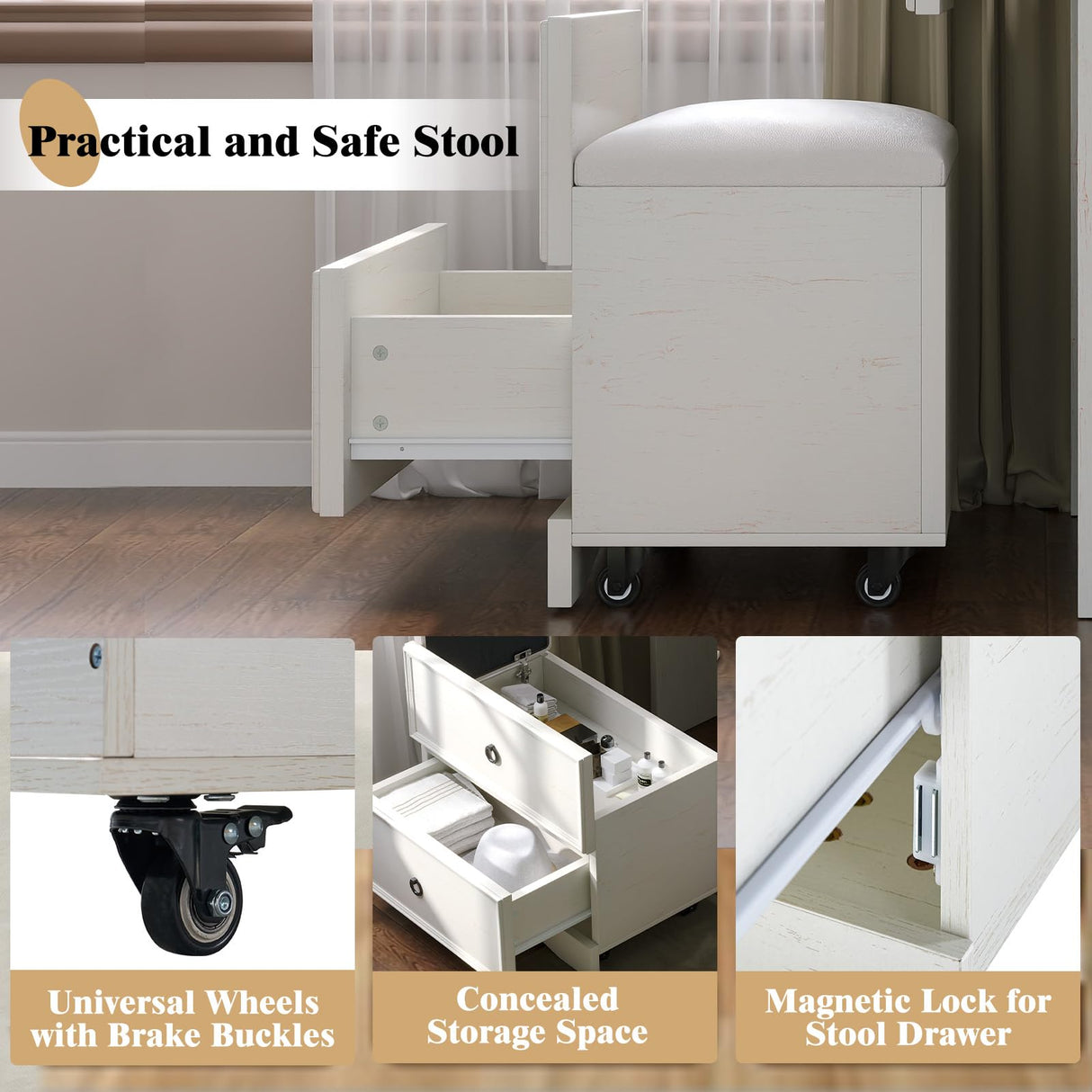 LUXOAK 3-in-1 Vanity Set with LED Lighted Flip Top Mirror, Makeup Table with Fold-Up Panel, Hidden Stool, Charging Station, Small Vanity for Bedroom & Dressing Room, Rustic White LUXOAK