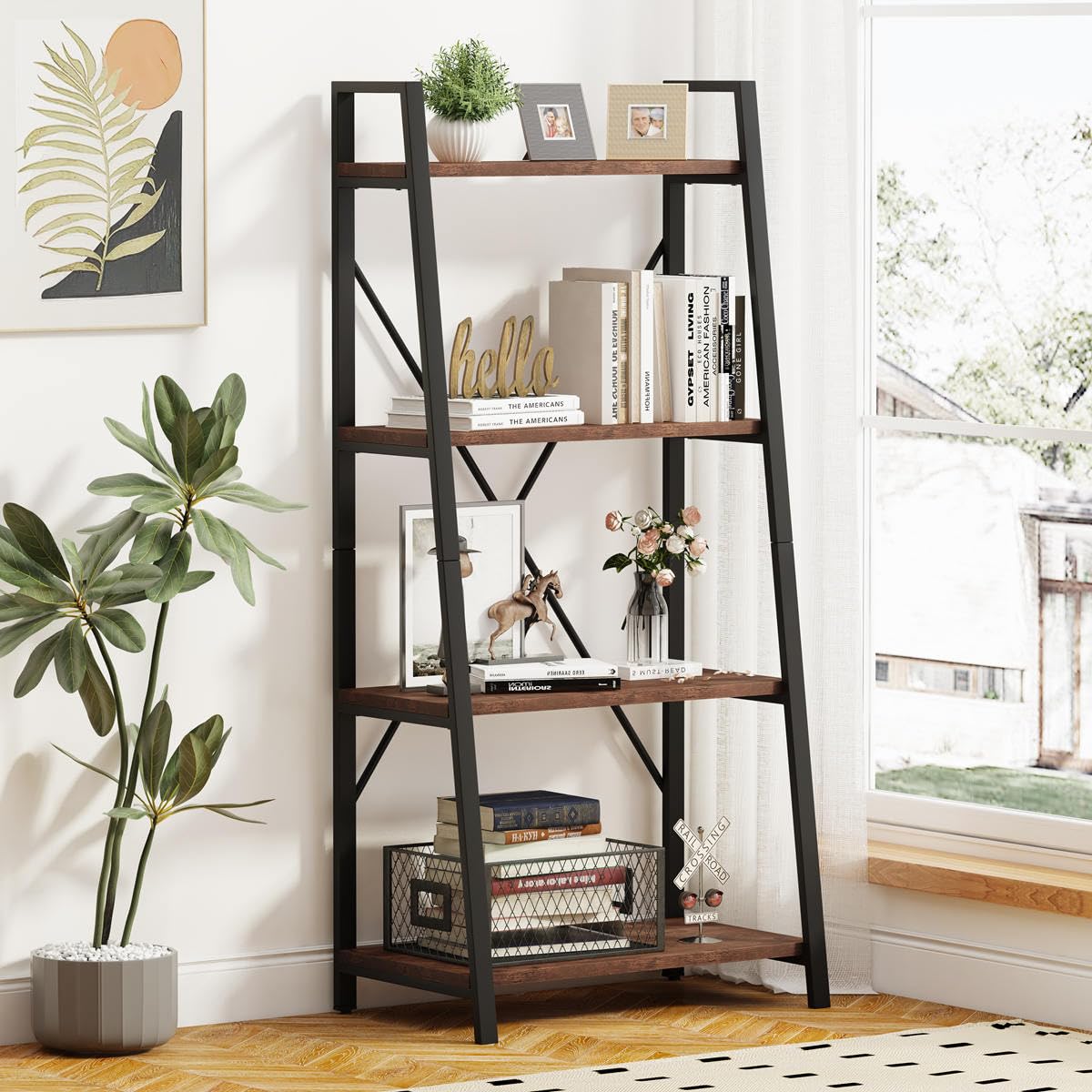 BON AUGURE Industrial Ladder Shelf Bookcase, 4 Tier Rustic Ladder Bookshelf, Standing Leaning Book Shelves for Living Room (Rustic Oak) BON AUGURE