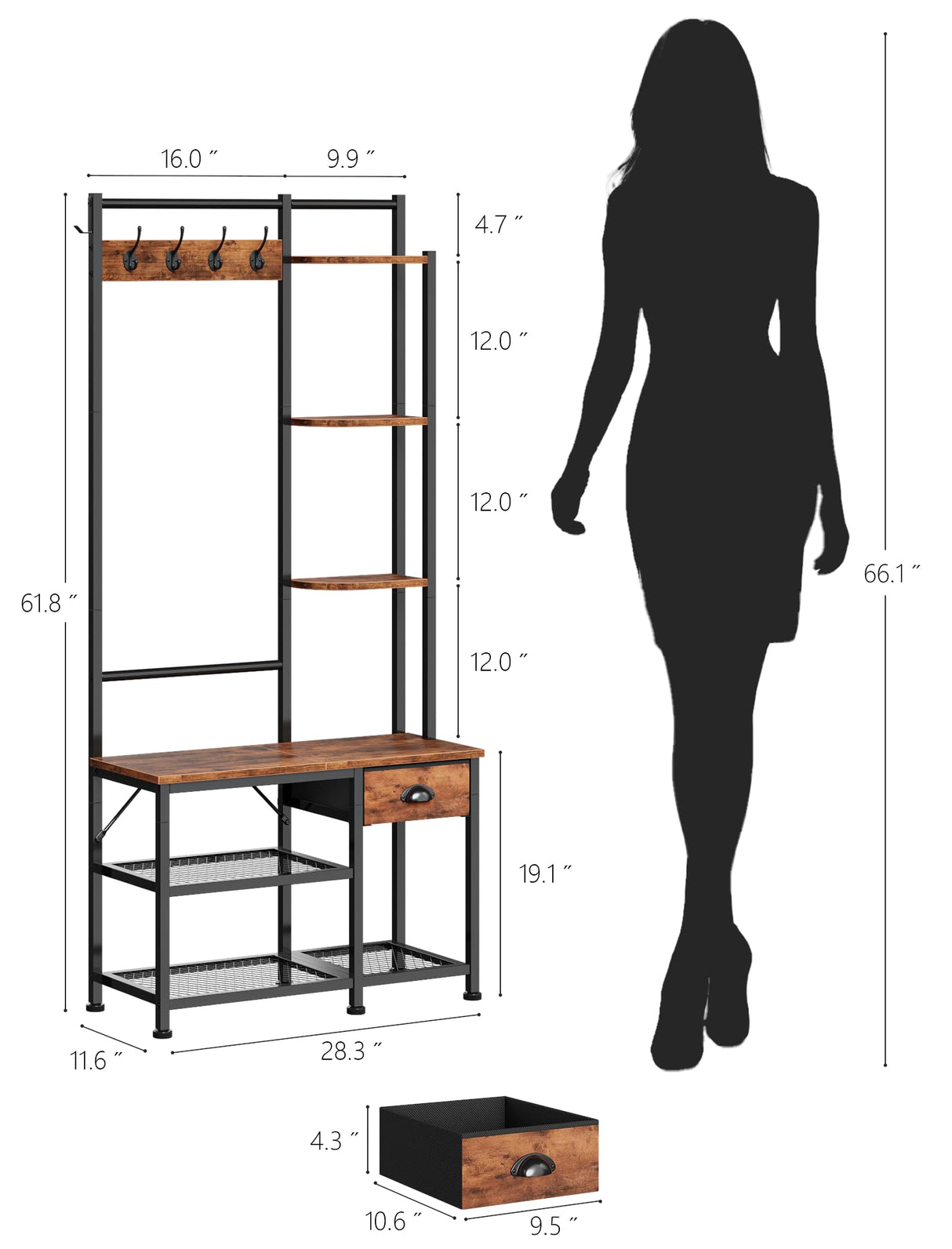 Furologee Coat Rack, Hall Tree with Bench and Shoe Storage, 4 in 1 Entryway Bench, Coat Rack with 3 Shelves and Drawer, Entryway Organizer with 5 Hooks for Hanging, Rustic Brown Furologee