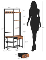 Furologee Coat Rack, Hall Tree with Bench and Shoe Storage, 4 in 1 Entryway Bench, Coat Rack with 3 Shelves and Drawer, Entryway Organizer with 5 Hooks for Hanging, Rustic Brown Furologee