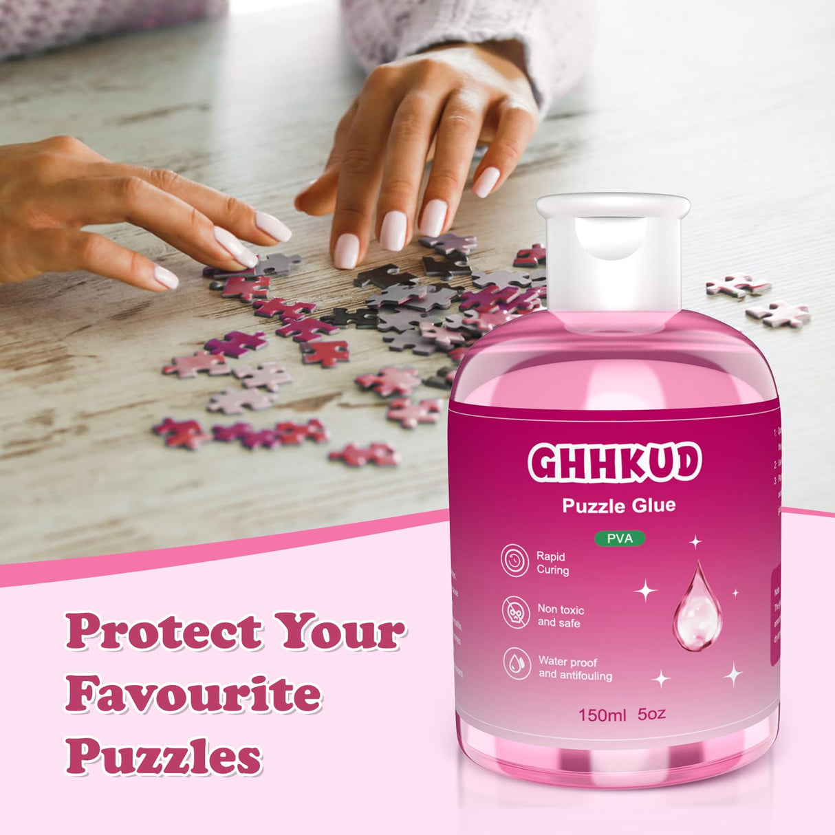 GHHKUD Jigsaw Puzzle Glue,450ML Puzzle Glue Clear with Applicator Brushes for Puzzle Paper Wood, Replace Puzzle Saver Sealer for Over Thousands Pieces of Puzzle Glue Sheets Accessories Tools (Pink) GHHKUD