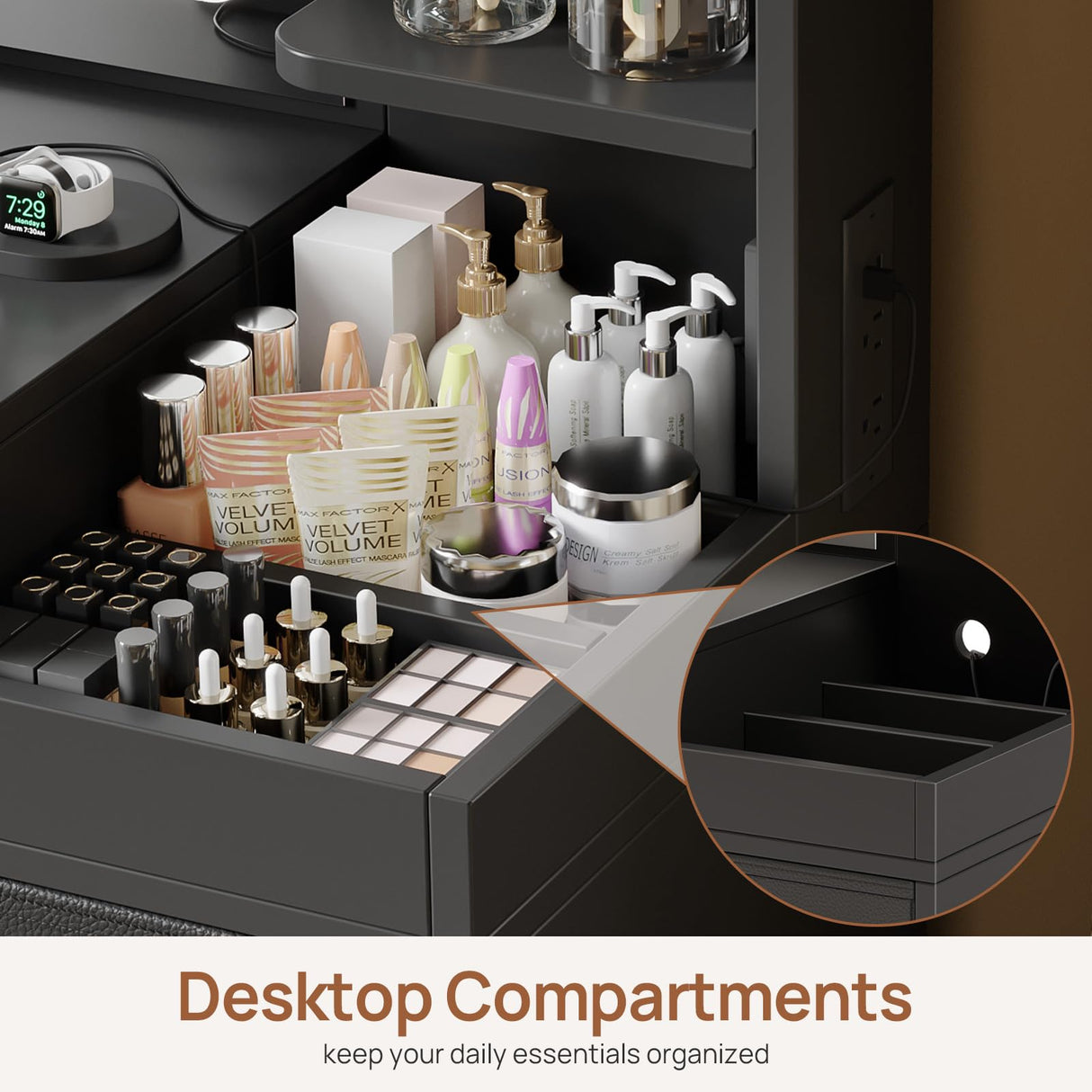 GREENSTELL Vanity Makeup Desk with Mirror and Lights, Makeup Table with Power Strip, 11 Storage Area, 3 Color Mode with Adjustable Brightness, 3 Desktop Compartments, Dressing Table, 32.6",Black GREENSTELL