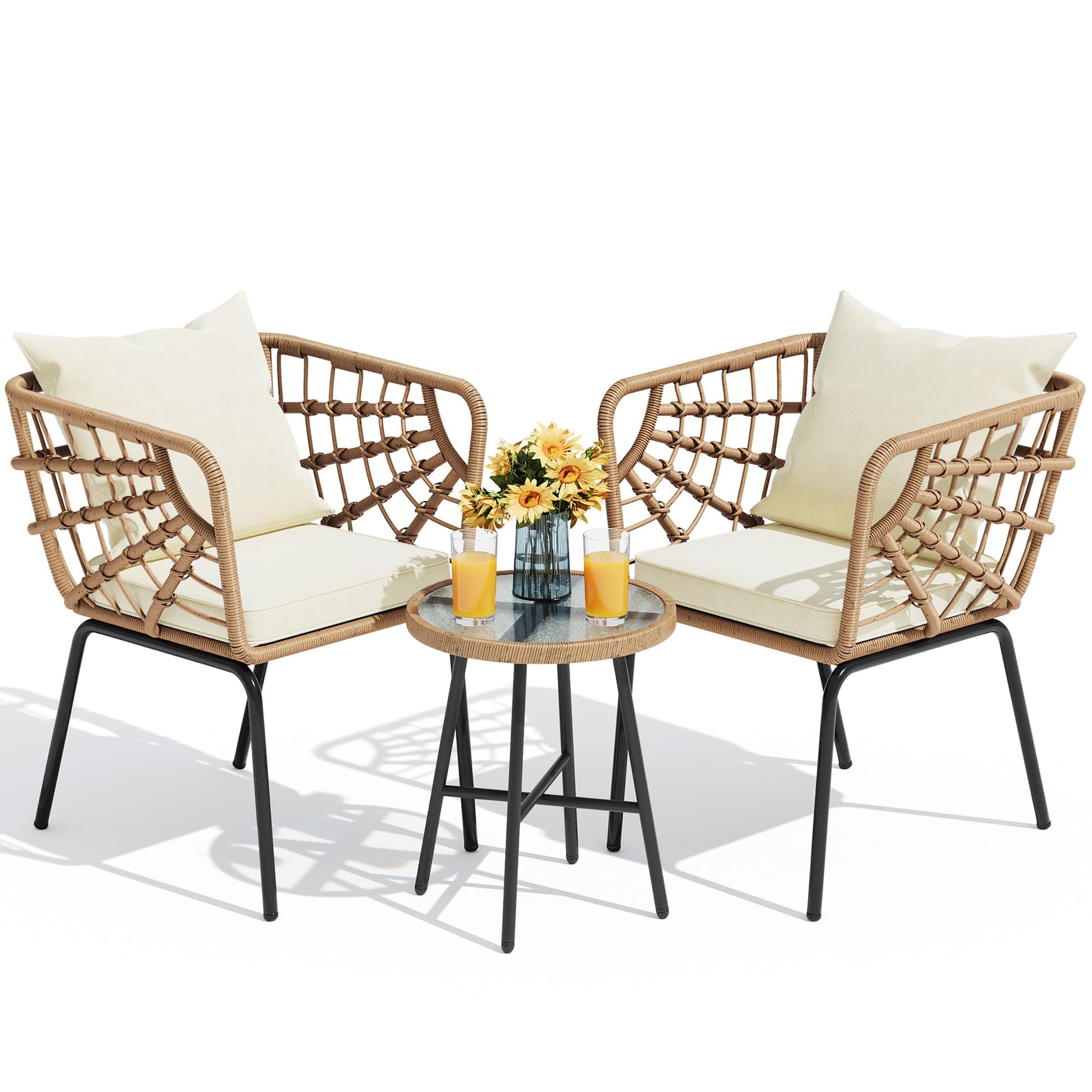 YITAHOME 3 Pieces Outdoor Wicker Patio Conversation Bistro Set, All-Weather Patio Furniture Set with Table & Cushions, Outdoor Sectional Sofa for Patio, Balcony, Backyard, Deck, Beige - WoodArtSupply