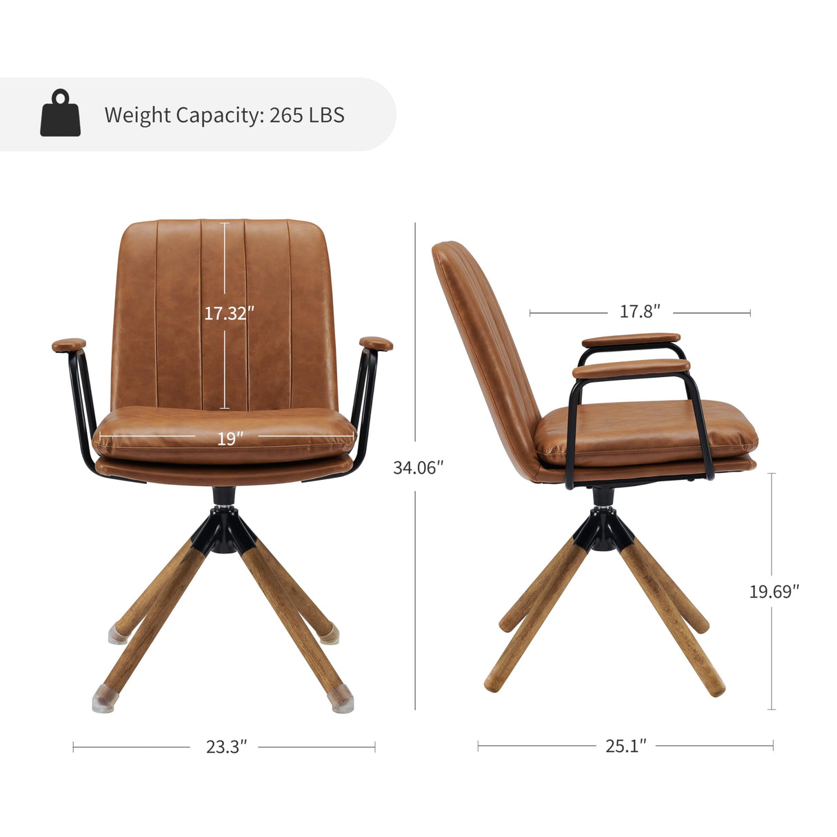 Zouron Swivel Mid Century Modern Office Chair, Ergonomic Desk Chair for Living Room, Computer Chair PU Leather Home Office Chair with Oak Wood Legs, Yellow Brown, No Wheel Zouron