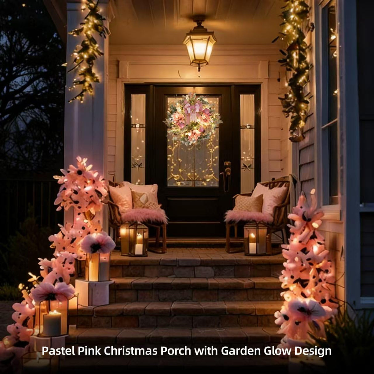 22inch Christmas Pink Wreath for Front Door with 30 LED Lights,Elegant Magnolia Christmas Door Wreath,Festive Holiday Decor, Frosted Winter Pink Decorations for Wedding Vofuly