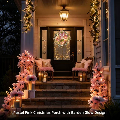 22inch Christmas Pink Wreath for Front Door with 30 LED Lights,Elegant Magnolia Christmas Door Wreath,Festive Holiday Decor, Frosted Winter Pink Decorations for Wedding Vofuly