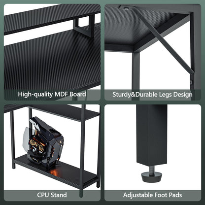 WASAGUN Gaming Desk with LED Lights & Power Outlets, 40 Inch L Shaped Carbon Fiber Surface Desk with Storage Shelves, Small Corner Computer Desk with Monitor Shelf, Black Carbon Fiber - WoodArtSupply