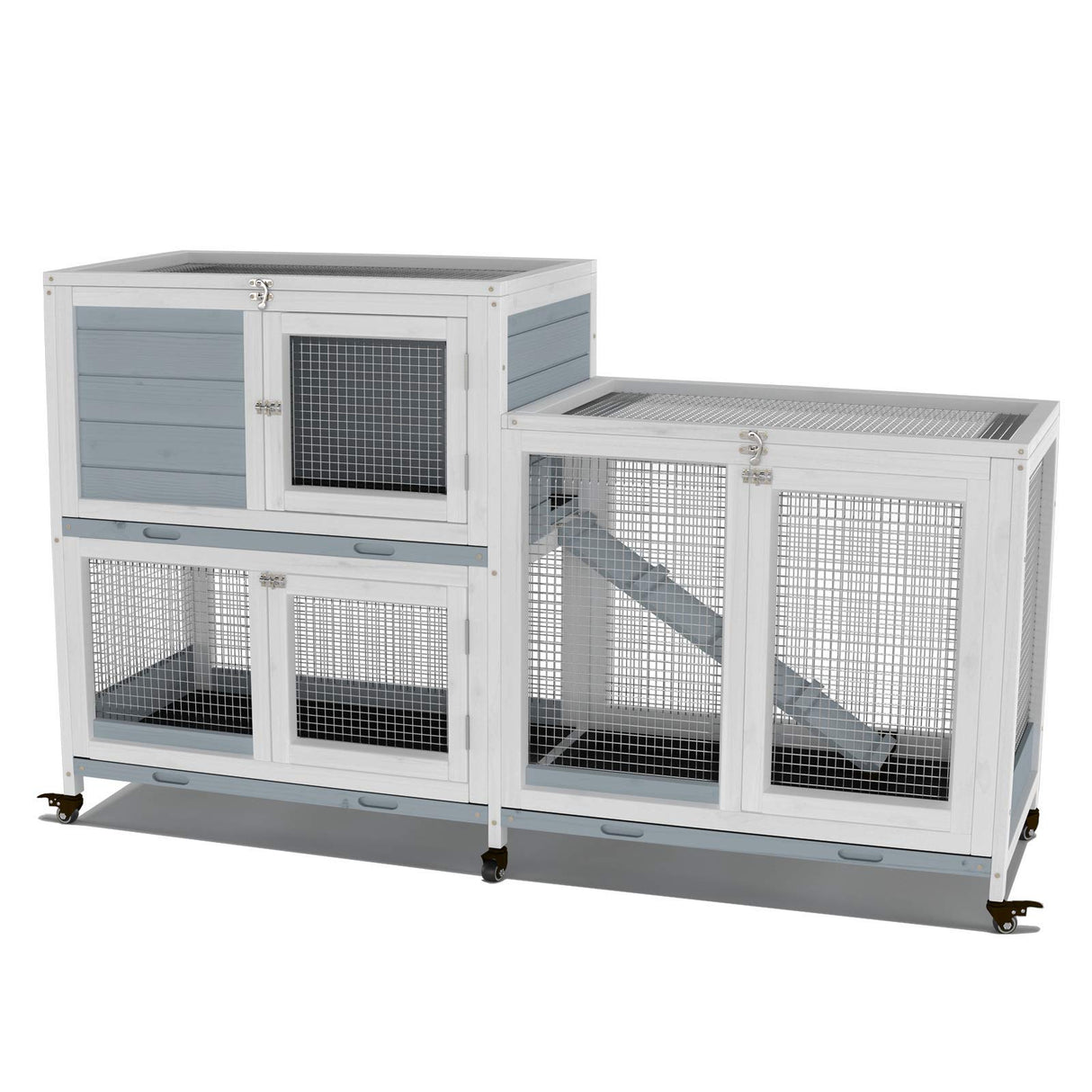 GDLF Two Floors 58" Wooden Indoor Bunny Hutch Rabbit Cage on Wheels Guinea Pig PET House for Small to Medium Animals Waterproof No Leak Tray GDLF