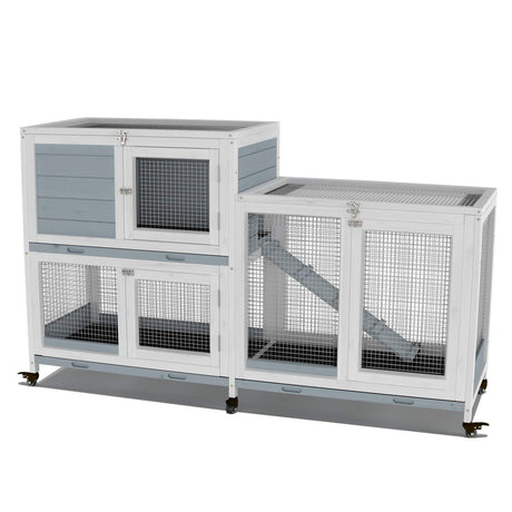 GDLF Two Floors 58" Wooden Indoor Bunny Hutch Rabbit Cage on Wheels Guinea Pig PET House for Small to Medium Animals Waterproof No Leak Tray GDLF