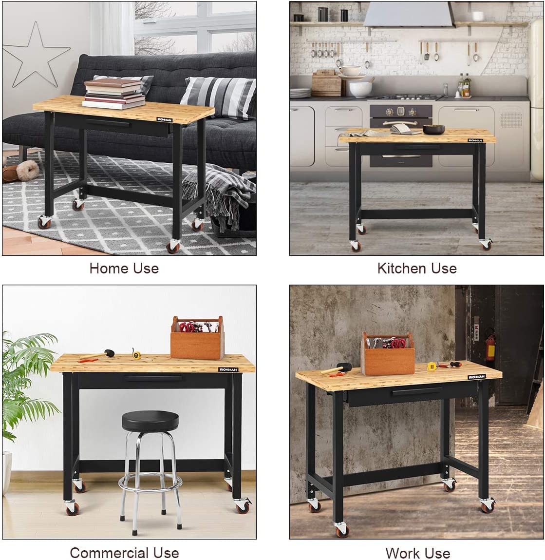 BOSEO Workbench, 48" Wild Mobile Workbench, Solid Wood Top Workbench for Garage, 500 LBS Workbench with Two Lockable Casters, Sliding Organizer Drawer BOSEO