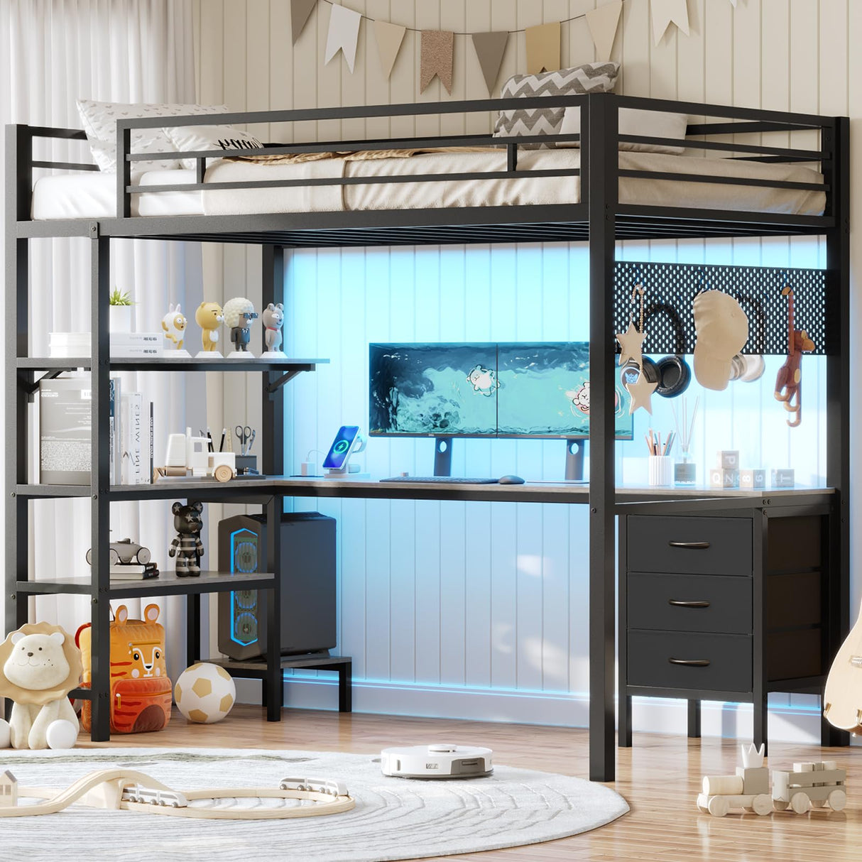 BTHFST Loft Bed Twin Size with L-Shape Desk & RGB LED Lights & Charging Station, Twin Bunk Bed with Fabric Drawers & Shlves, 13.4'' H Safety Guardrail, Noise Free, No Box Spring Needed BTHFST