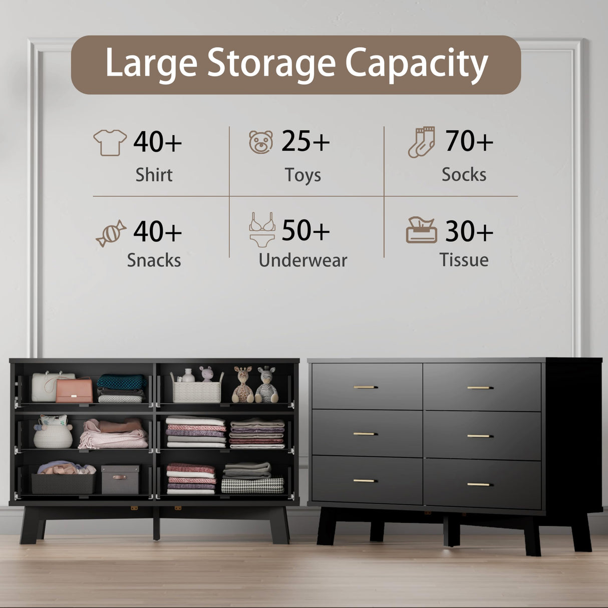 Dresser for Bedroom, 6 Drawer Wide Modern Chest of Drawers with X-Shaped Sturdy Base, Wood Double Dresser Closet Clothes Storage Organizer, Wooden Dresser TV Stand for Living Room, Hallway, Black Xixini