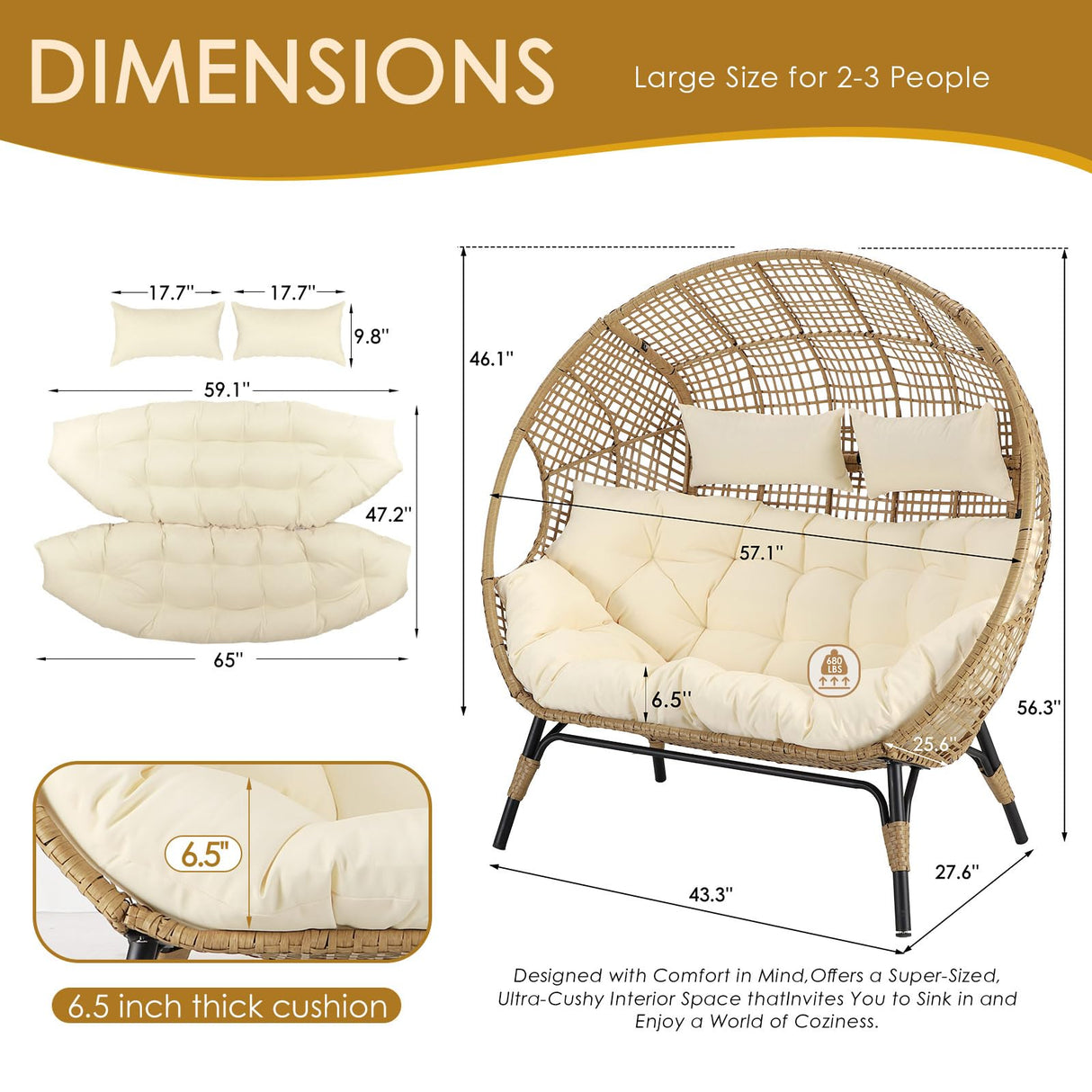 NICESOUL® Double Egg Chair Indoor Outdoor Stationary Oversized Thicken Padded Cushions,2 Person Egg Loveseat Chair,680 lbs Extra Large Lounge Chair for Patio Balcony Porch Backyard Beige with Cover NICESOUL