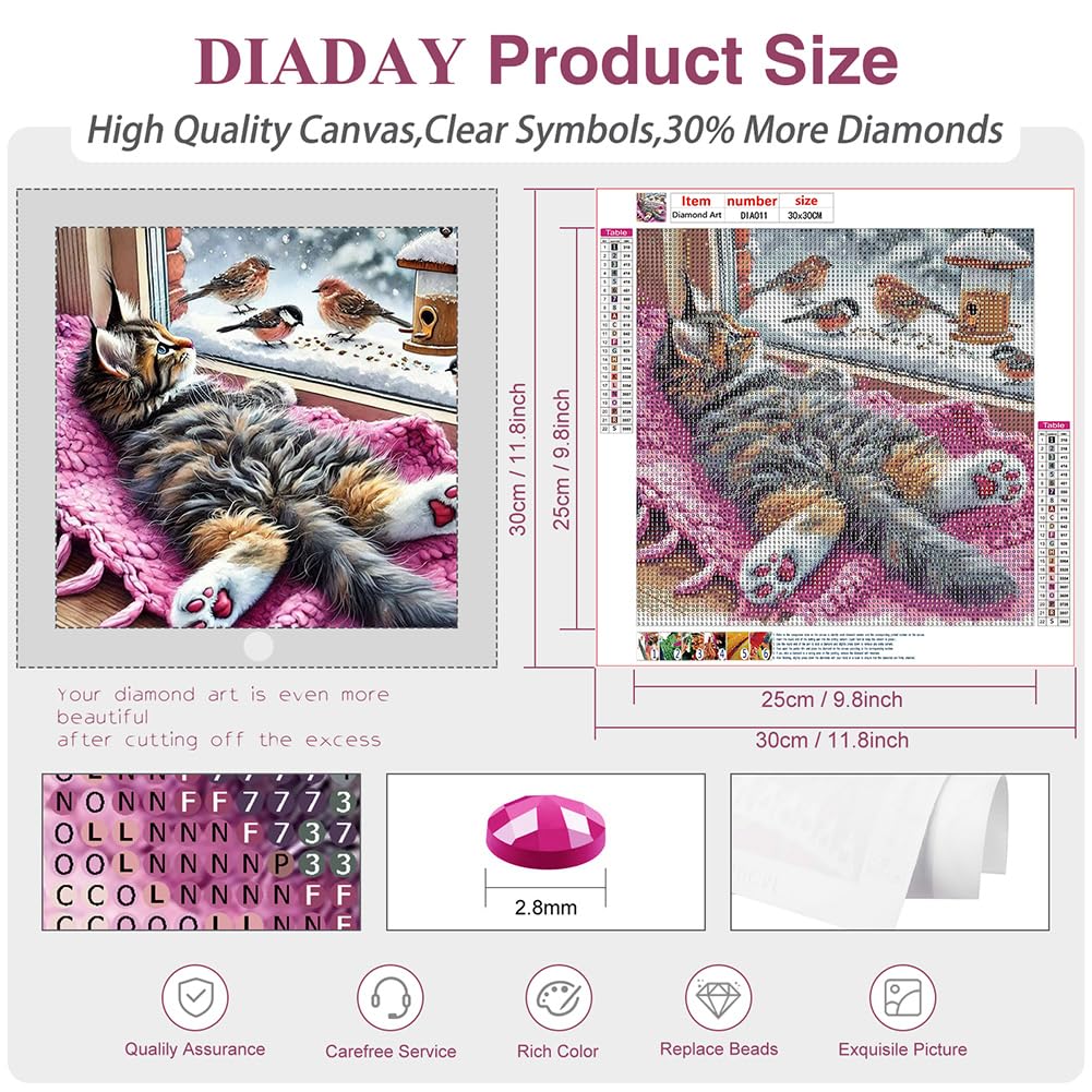 DIADAY Cat Diamond Painting Kits for Adults, 5D Full Drill Diamond Art Kits with Round Gem for Beginners, DIY Art Crafts Home Wall Decor Gift 12 x 12 Inches DIADAY