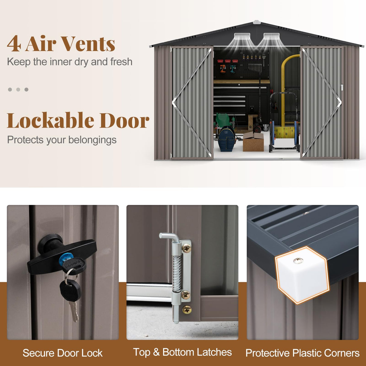 Goplus 10 x 14 FT Outdoor Storage Shed, Large Garden Tool House w/Improved Windproof Metal Structure, 4 Vents, Lockable Door, Waterproof Utility Tool Organizer for Backyard, Lawn, Patio Goplus