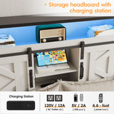 Fameill Farmhouse Twin Size Bed Frame with 4 Drawers and Bookcase Headboard, Sliding Barn Door Storage Shelves, LED Lights and Charging Station, No Box Spring Needed, Antique White Fameill