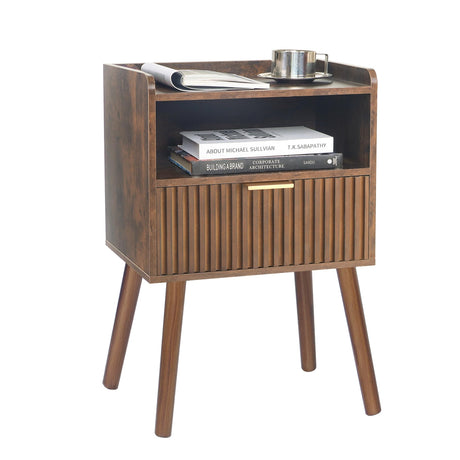 AWASEN Mid Century Modern Nightstand, Wood Bedside Table with Fluted Drawers, Rustic Night Stand Bed Side Table with Solid Wood for Living Room, Bedroom, Office and Small Space (Rustic Brown) AWASEN