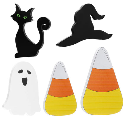 Yalikop 5 Pcs Halloween Table Centerpieces Ghost Black Cat Witch Hat Candy Corn Wooden Tiered Tray Sign Standing Tabletop Signs for Halloween Home Rustic Farmhouse Decor - WoodArtSupply