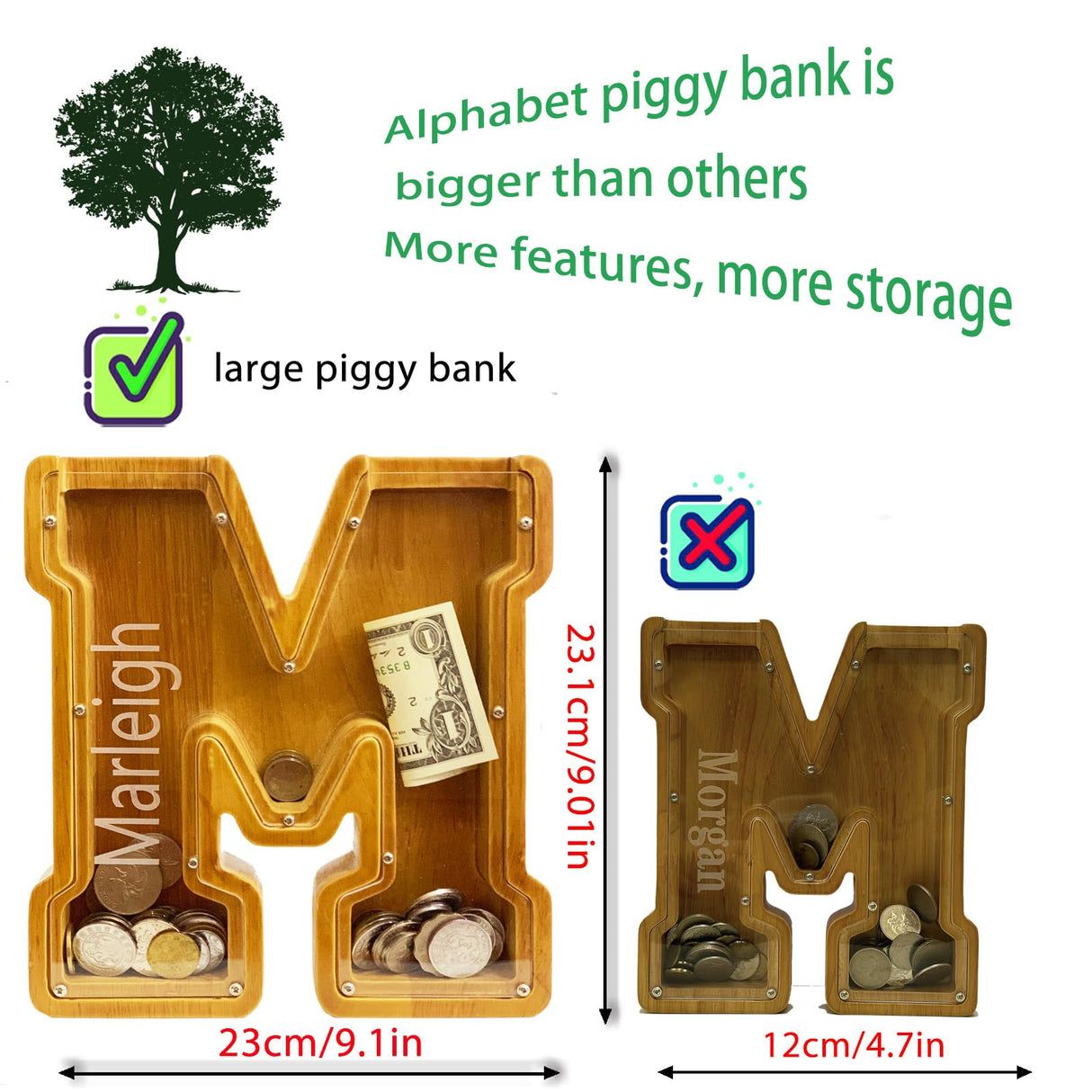 Personalized Wooden Letter Piggy Bank for Boys and Girls with Children's Letters, Customized Laser Engraved Names, Creative Letter Piggy Bank, Piggy Bank for Children's Birthday Gifts, Christmas (M) BINYLX
