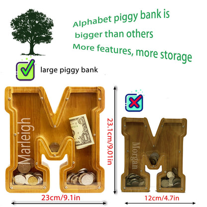 Personalized Wooden Letter Piggy Bank for Boys and Girls with Children's Letters, Customized Laser Engraved Names, Creative Letter Piggy Bank, Piggy Bank for Children's Birthday Gifts, Christmas (M)