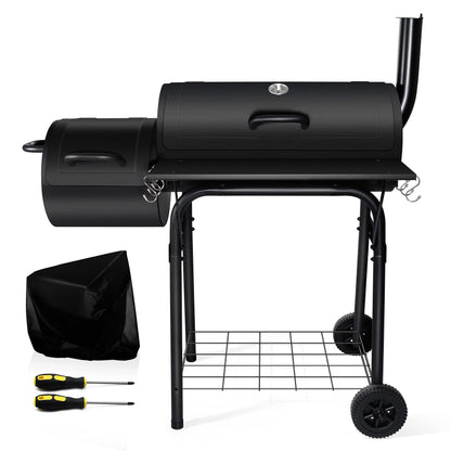 Outdoor Charcoal Grill with Smoker, Leonyo 14Inch Wide Charcoal Grill with Offset Smoker for Backyard Party Cooking, 438 Sq.in. BBQ Cooking Surface,Black