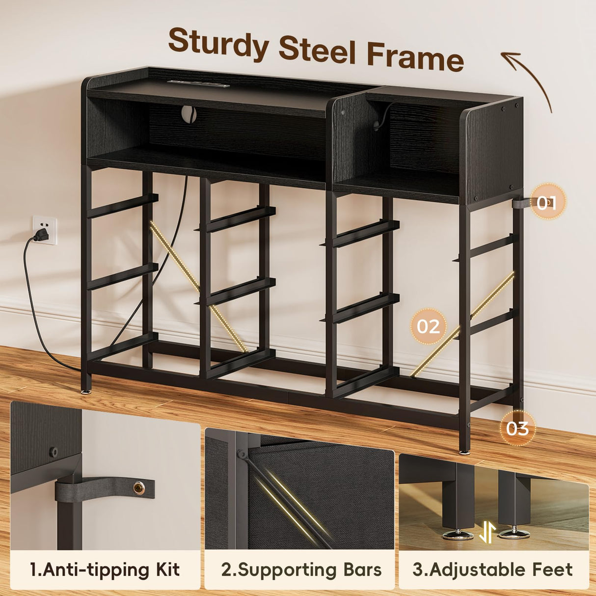 Casaottima Dresser for Bedroom with LED Lights, 9 Drawer Bedroom Dresser with Charging Station, Fabric Dressers & Chest of Drawers with Shelves for Closet, Sturdy Steel Frame Wooden Top, Black Casaottima