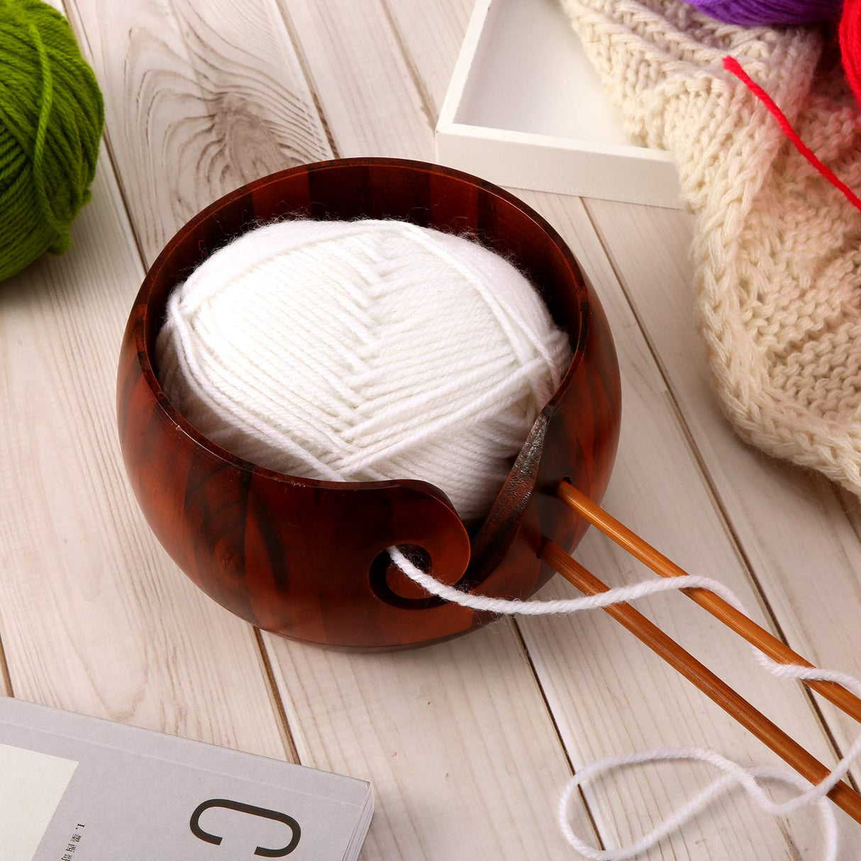 WILLBOND Wooden Yarn Bowl 6 x 3 Inches Crochet Bowl Accessories Holder with Holes for Mother Birthday Gift DIY Hand Made Knitting String Lovers Handmade Yarn Storage WILLBOND