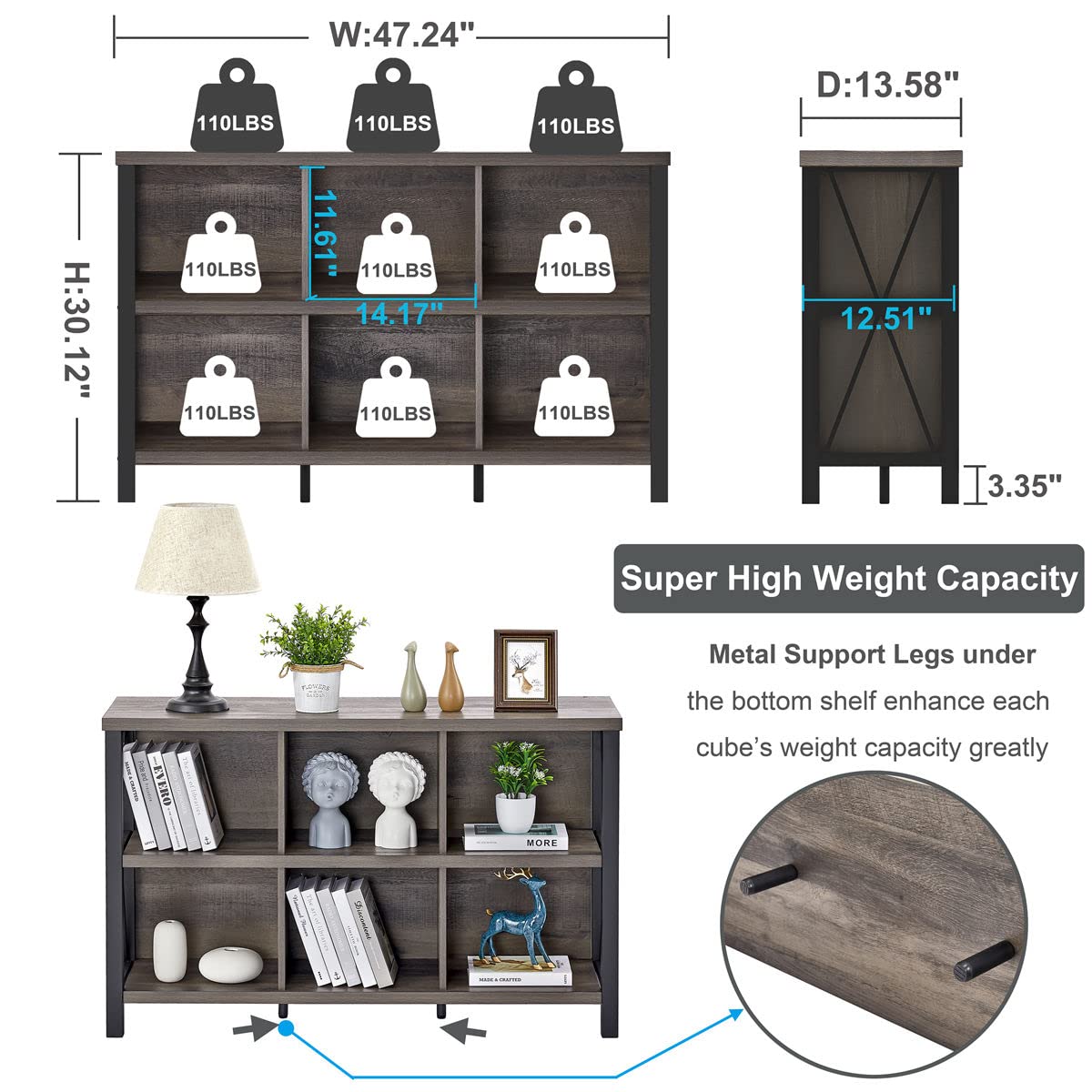 FATORRI Rustic 6 Cube Storage Organizer with Shelf, Wood and Metal Cubby Bookcase, Industrial Horizontal Bookshelf (Walnut Brown, 47 Inch) - WoodArtSupply