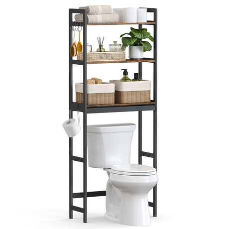 SONGMICS Over-The-Toilet Storage, 3-Tier Bathroom Organizer Over Toilet with Adjustable Shelves, Hooks, Bamboo, Freestanding Space Saver Bathroom Shelves, Rustic Brown and Ink Black UBTS012B01 SONGMICS