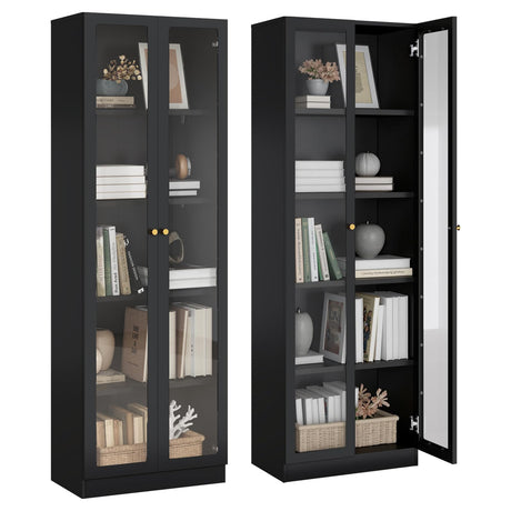 IRONMIX Black Bookshelf with Doors and Adjustable Shelves, 5-Tier Tall Bookcase, 70.87" Modern Display Cabinet, Metal Book Shelf with Storage Cabinet for Home Office Living Room IRONMIX