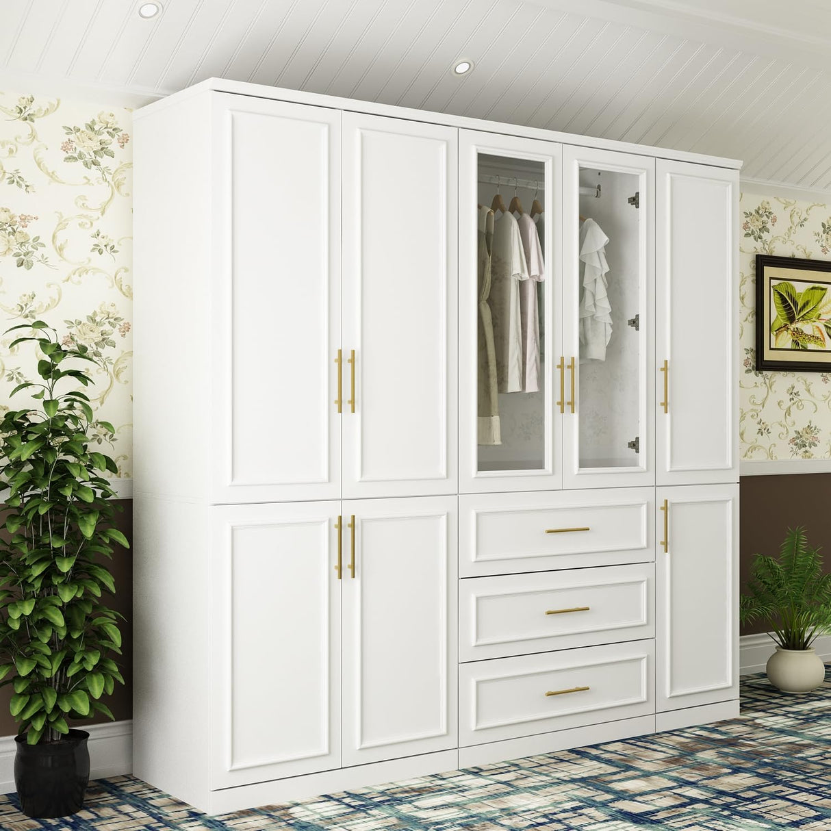 MOUMON Modern Wardrobe Cabinet with 8 Doors and Hanging Rods, White Wardrobe Armoire Closet with Gold Handles, Wardrobe with Glass Doors and 3 Drawers, for Bedroom Cloakroom, 19.3”D x 79.1”W x 74.8”H MOUMON