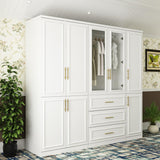 MOUMON Modern Wardrobe Cabinet with 8 Doors and Hanging Rods, White Wardrobe Armoire Closet with Gold Handles, Wardrobe with Glass Doors and 3 Drawers, for Bedroom Cloakroom, 19.3”D x 79.1”W x 74.8”H MOUMON