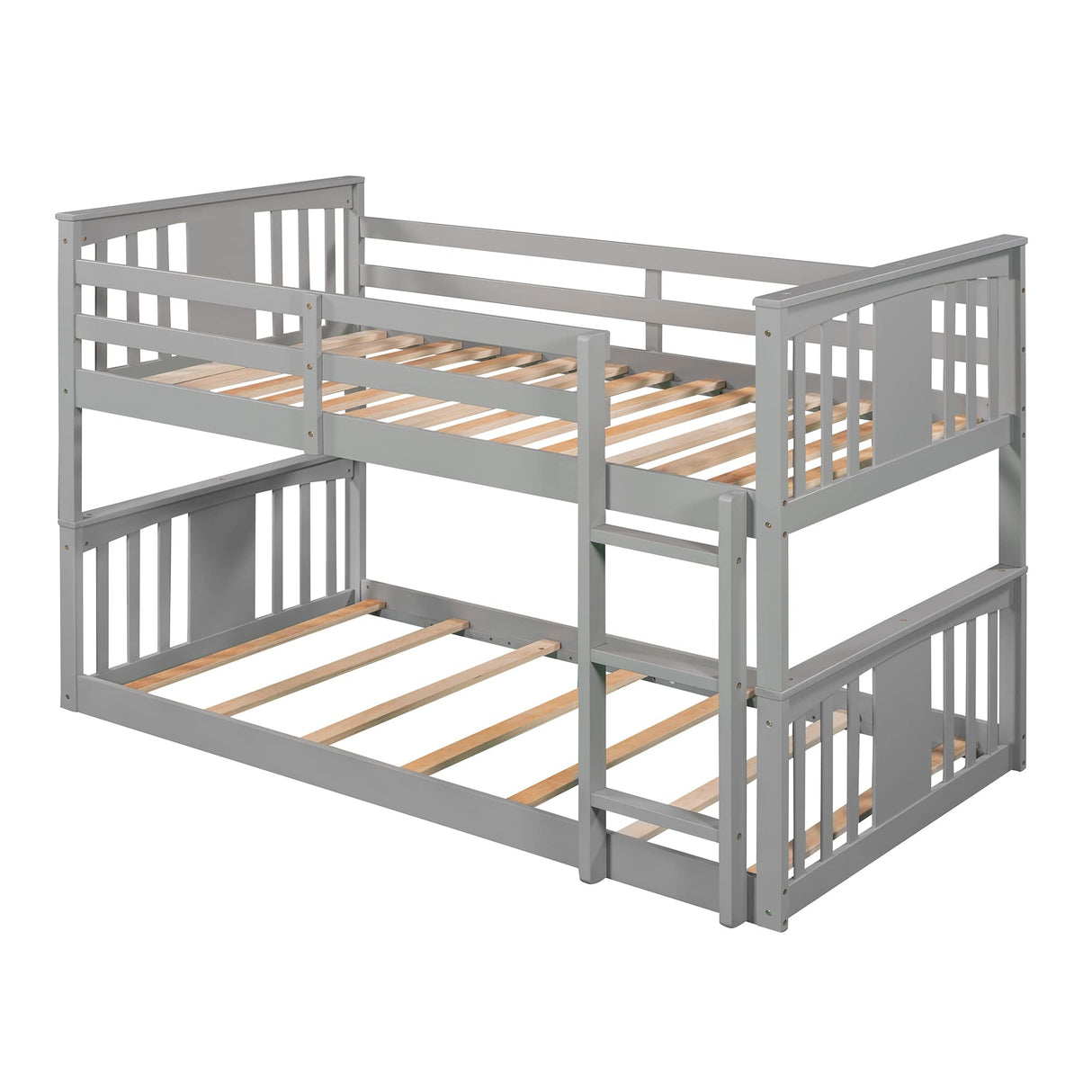 Low Bunk Bed Twin Over Twin, Twin Over Twin Bunk Bed with Ladder, Kids Bunk Beds with Full Length Guardrail, Montessori Floor Bunk Beds for Kids, Boys,Girls, Gray Bunk Bed Twin Size Bellemave