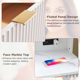 T4TREAM 48" Fluted Makeup Vanity Desk with Large 36" Mirror and Lights, Modern Glass Top Big Vanity Table with 5 Drawers & Adjustable Shelves, Dressing Table Set w/Charging Station for Bedroom, White T4TREAM