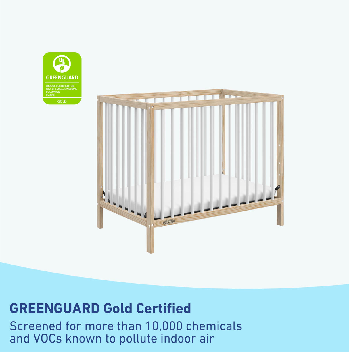 Graco Teddi 4-in-1 Convertible Mini Crib with Bonus Water-Resistant Mattress (Natural with White) – GREENGUARD Gold Certified, 2.75-Inch Mattress Included, Convenient Size, Easy 30-Minute Assembly Graco