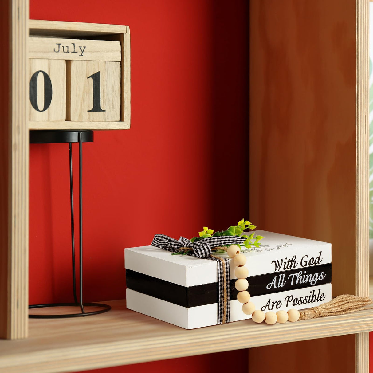 Capoda 3 Pcs Decorative Books for Home Decor Farmhouse Faux Stacked Books Wooden Rustic Decorative Books with Bead Garland Twine Ribbon Faux Leaf for Table(Blessed) Capoda