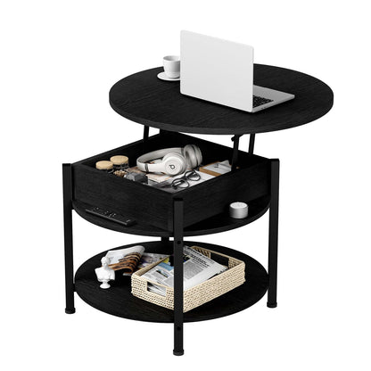 Ablefurn Black Coffee Table, 26.77” Lift Top Coffee Table with Hidden Compartment and Open Storage Shelf, 2 Tier Small Round Coffee Table Circle Central Table w/Adjustable Foot Pad for Living Room