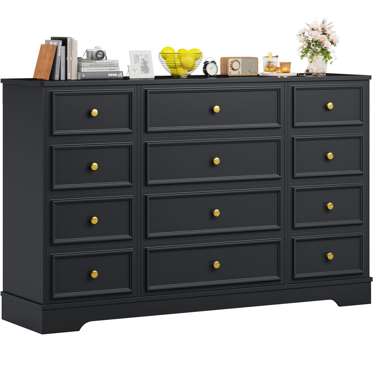 Hasuit Large Dresser with 12 Drawers for Bedroom, 61.4'' Long Modern Chest of Drawers, Black Wide Dressers Clothes Closet, Wooden Bedroom Funiture Storage Organizer Hasuit