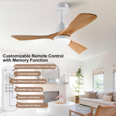 BOJUE 42 Inch White Ceiling Fans with Lights and Remote,Dimmable LED Light,Quite Reversible DC Motor,Memory Function,Modern Solid Wood Indoor Outdoor Ceiling Fan with Light for Farmhouse Bedroom Patio BOJUE