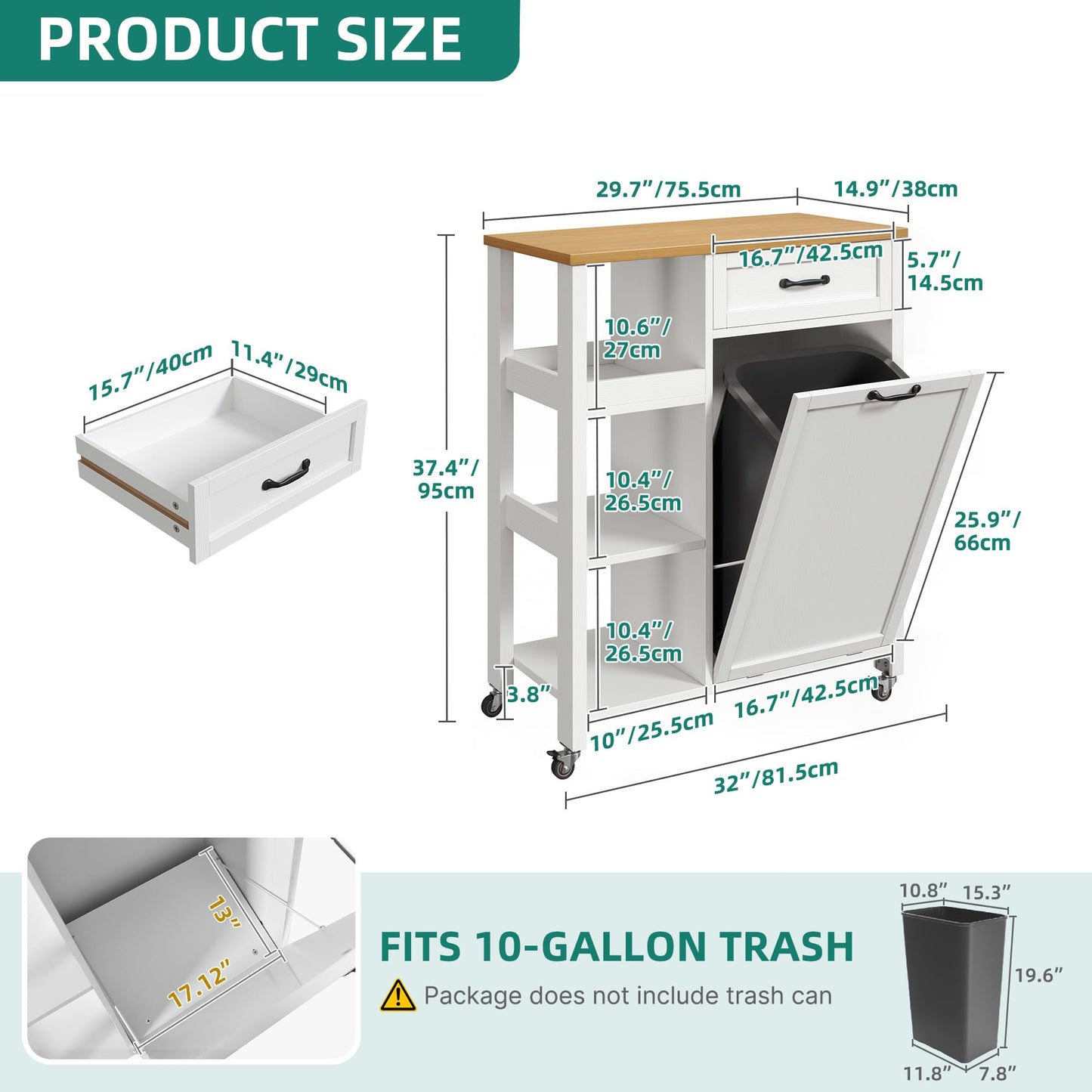 YITAHOME Small Kitchen Island Cart on Wheels with Trash Can Storage Cabinet, Rolling Portable Dining Room Serving Utility Carts Mobile Movable for 10 Gallon Garbage Bin, Oak & White