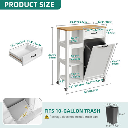 YITAHOME Small Kitchen Island Cart on Wheels with Trash Can Storage Cabinet, Rolling Portable Dining Room Serving Utility Carts Mobile Movable for 10 Gallon Garbage Bin, Oak & White