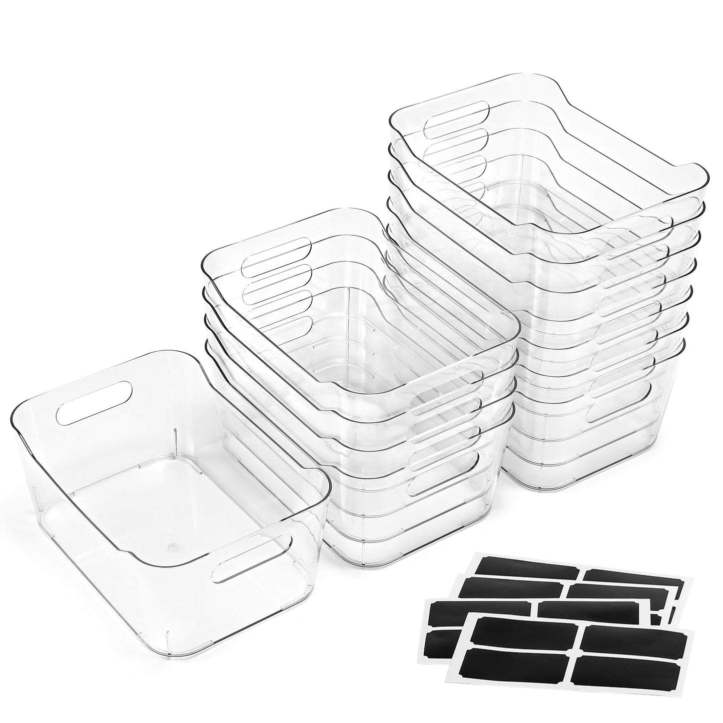 12 PACK Multi-Use Clear Plastic Storage Bins for Organizing w/ Labels - Home, Kitchen, Bathroom, Office, Pantry Cabinet Shelf Organizer Bins - SOHO Collection, RV, Fridge Organization Containers