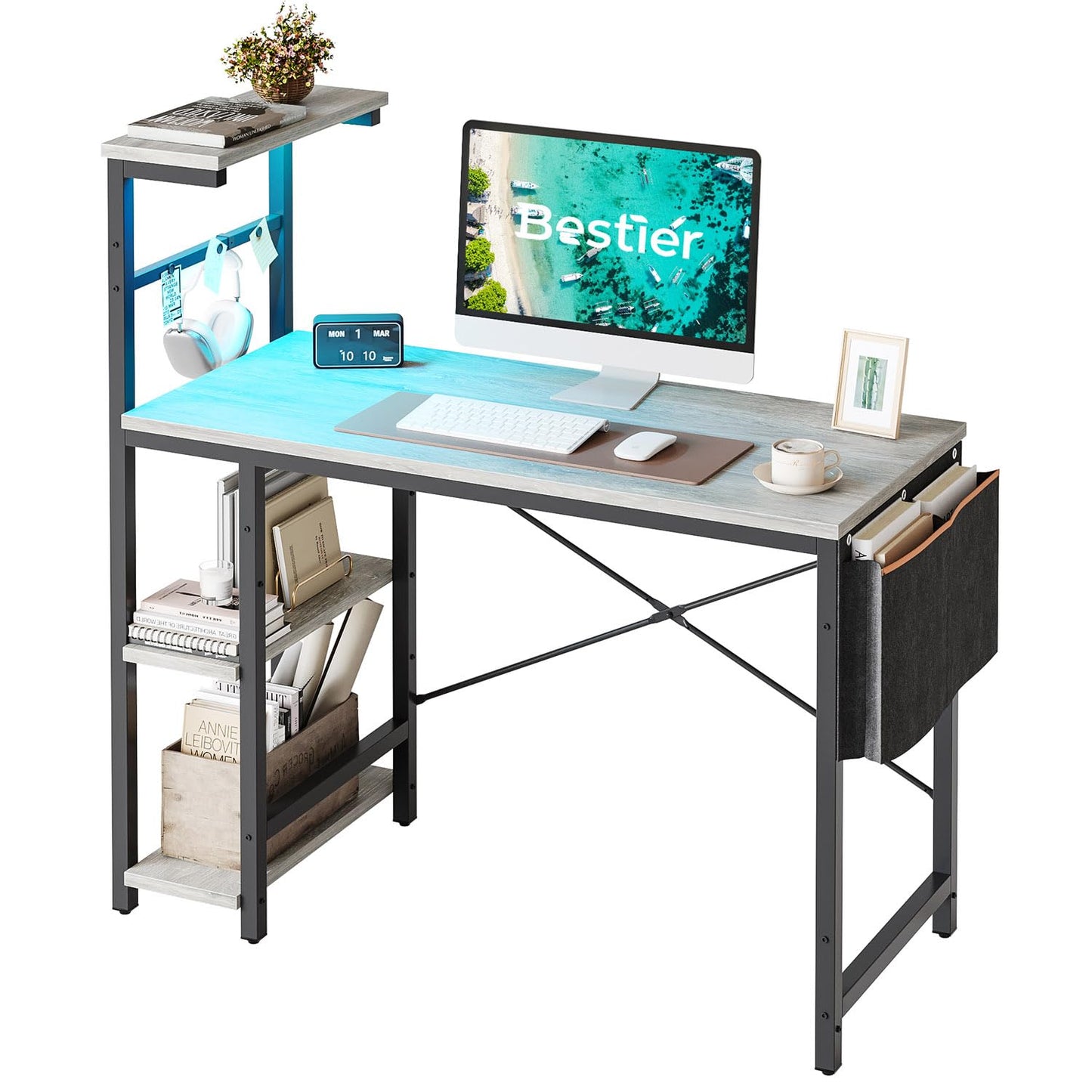 Bestier Computer Desk with 4 Tiers Shelves, Gaming Desk with LED Lights, 44 Inch Office Desk with Storage Bag & Printer Shelf (Retro Grey Oak) - WoodArtSupply