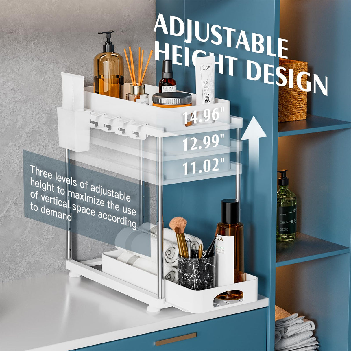 VERIFOST 2 Pack Under Sink Organizers and Storage, Double Sliding Kitchen Cabinet Organizer, 2 Tier Height Adjustable Countertop Organizer for Kitchen Bathroom Laundry, White VERIFOST